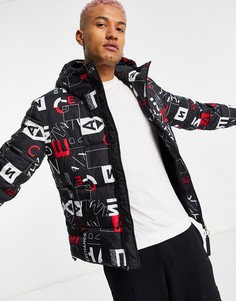 Черный пуховик из переработанных материалов со сплошным принтом Armani Exchange-Черный цвет