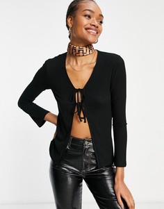 Облегающий кардиган в рубчик с разрезом спереди от комплекта Fashion Union-Черный цвет