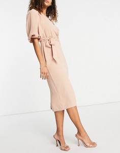 Розовое платье миди с запахом спереди и завязкой на талии ASOS DESIGN-Розовый цвет