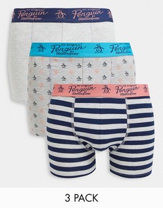 Набор из 3 боксеров однотонного серого меланжевого цвета, с принтом и в полоску Original Penguin-Многоцветный