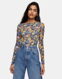 Сетчатый топ с длинными рукавами и цветочным принтом Topshop-Мульти