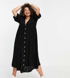 Черное платье миди на пуговицах с присборенной юбкой и отделкой в мелкую складку ASOS DESIGN Curve-Черный цвет