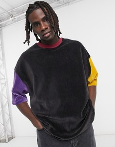 Футболка в стиле oversized из велюра в рубчик в стиле колор блок ASOS DESIGN-Коричневый цвет