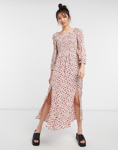 Красное платье миди со сборками и цветочным принтом River Island-Красный