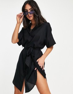 Черное платье-рубашка мини с поясом Monki Jenny-Черный цвет