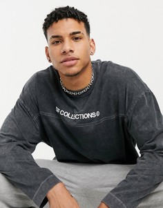 Черный выбеленный oversized-лонгслив из плотного трикотажа с контрастными строчками и вышитым логотипом ASOS Dark Future-Черный цвет