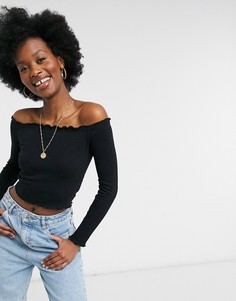 Черный топ в рубчик с открытыми плечами и волнистым краем ASOS DESIGN-Черный цвет