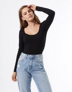 Боди черного цвета с овальным вырезом и длинными рукавами Miss Selfridge-Черный цвет