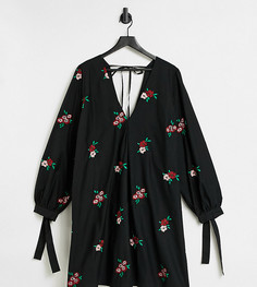 Черное платье мини A-силуэта из хлопкового поплина с V-образным вырезом спереди и сзади и сплошной вышивкой цветов ASOS DESIGN Curve-Черный цвет