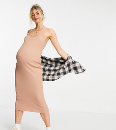 Бежевое трикотажное платье миди в рубчик с квадратным вырезом ASOS DESIGN Maternity-Нейтральный