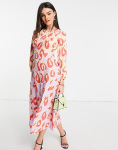 Платье мидакси с длинными рукавами, контрастной юбкой пастельного цвета и пятнистым принтом Closet London-Многоцветный