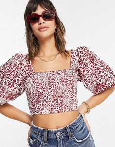 Красный укороченный топ с пышными рукавами и звериным принтом River Island