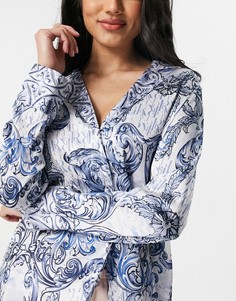 Голубая атласная пижамная рубашка с принтом пейсли (от комплекта) River Island-Голубой