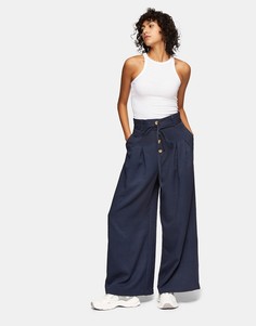 Темно-синие брюки с пуговицами и завязкой на талии Topshop-Темно-синий