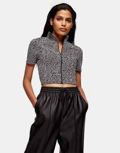 Монохромный жаккардовый топ с короткими рукавами и высоким воротом на молнии Topshop-Черный цвет