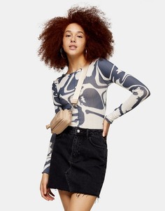 Черная выбеленная юбка из денима с завышенной талией Topshop-Коричневый цвет