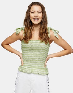 Зеленый присборенный топ с завязками на плечах Topshop-Зеленый цвет