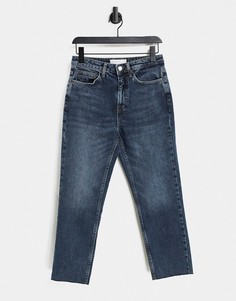 Синие прямые джинсы с эффектом потертости и необработанным краем Topshop-Голубой