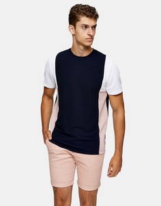 Темно-синяя футболка в стиле колор блок Topman-Голубой