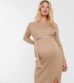 Бежевое платье миди в рубчик New Look Maternity-Коричневый цвет