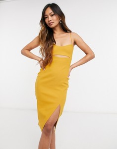 Желтое облегающее платье миди с разрезом сбоку Vesper-Желтый