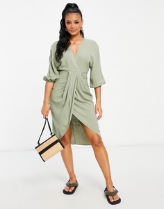 Платье миди с драпировкой, сборками на талии и манжетами цвета хаки ASOS DESIGN-Зеленый цвет