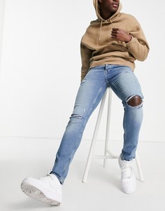 Зауженные эластичные джинсы со рваной отделкой и выбеленным эффектом Topman-Голубой