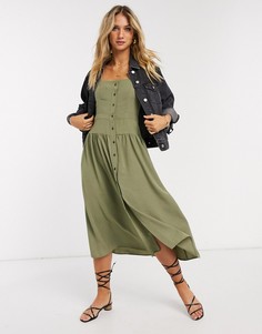 Чайное платье миди цвета хаки на пуговицах с объемными рукавами ASOS DESIGN-Зеленый цвет