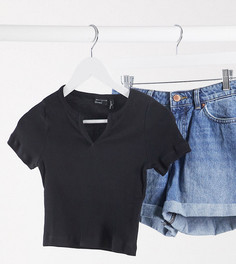 Черный облегающий кроп-топ в рубчик с разрезом ASOS DESIGN Petite-Черный цвет