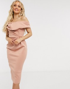 Бежевое драпированное платье-футляр миди со спущенным плечом ASOS DESIGN Hourglass-Бежевый