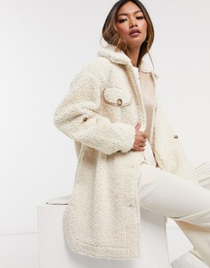 Плюшевое пальто цвета ванили с поясом Urbancode Saba-Белый