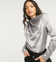 Атласное боди серебристого цвета с драпировкой спереди ASOS DESIGN Tall-Серебристый