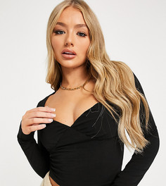 Черный топ с длинными рукавами, глубоким вырезом и сборками на груди ASOS DESIGN