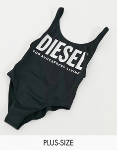 Черный слитный купальник с большим логотипом металлик Diesel