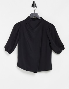 Черная блузка с высоким воротником с драпировкой и короткими рукавами ASOS DESIGN-Черный цвет