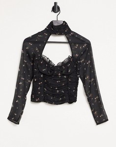 Топ с цветочным принтом, высоким воротником и вырезом ASOS DESIGN-Многоцветный