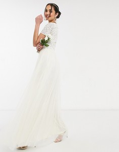 Платье макси цвета экрю из тюля с V-образным вырезом и пайетками в тон Maya Bridal-Кремовый