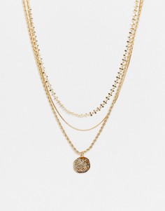 Золотистое ожерелье-цепочка в несколько рядов с подвеской в виде монетки Pieces-Золотистый