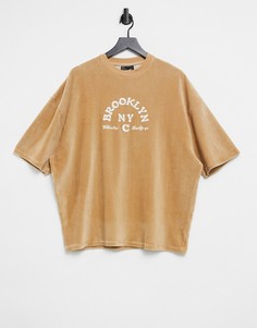 Светло-коричневая oversized-футболка из вельвета с принтом "Brooklyn" ASOS DESIGN-Бежевый