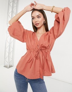 Пыльно-розовый топ-кимоно с пышными рукавами и завязками на талии ASOS DESIGN-Бесцветный
