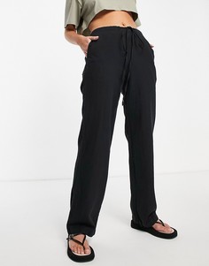 Черные льняные брюки с широкими штанинами и шнурком на талии ASOS DESIGN-Черный цвет