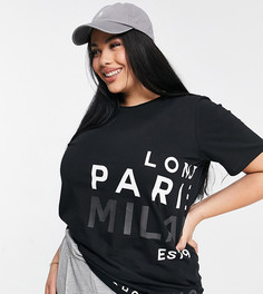 Черная удлиненная футболка с текстовым принтом «Paris» River Island-Черный