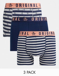 3 пары боксеров темно-синего цвета и в полоску с коралловыми вставками Original Penguin-Темно-синий