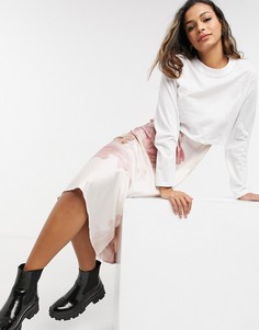 Бело-розовое атласное платье «два в одном» без застежки с длинными рукавами AllSaints-Серый