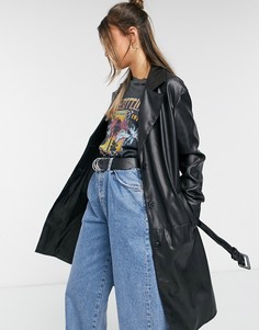 Черный тренч из искусственной кожи с поясом Bershka-Черный цвет