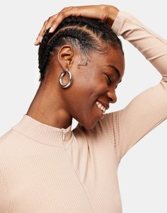 Светло-бежевое боди с воротником-стойкой и длинными рукавами Topshop-Коричневый цвет