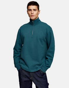 Темно-зеленый свитшот на молнии 1/4 Topman-Зеленый цвет