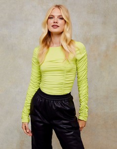 Желтый присборенный топ с длинными рукавами Topshop