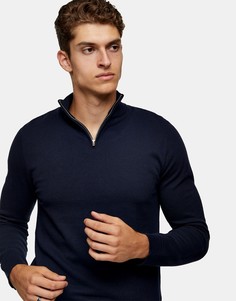 Темно-синий трикотажный джемпер на молнии с высоким воротом Topman Considered