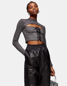 Серый топ с длинными рукавами и металлической шнуровкой Topshop-Черный